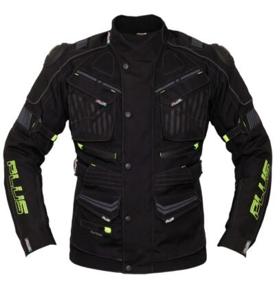 Adventure motoros túra kabát fekete neon színben elölnézet, protektoros túra dzseki