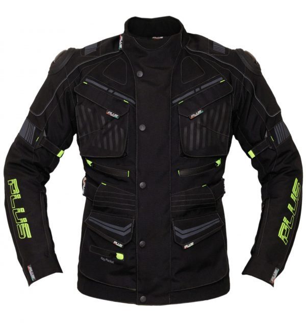 Adventure motoros túra kabát fekete neon színben elölnézet, protektoros túra dzseki