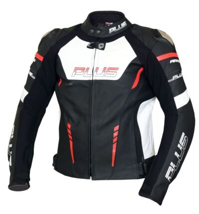 PLUS RACING ARROW motoros sport bőrdzseki fekete piros elölnézet