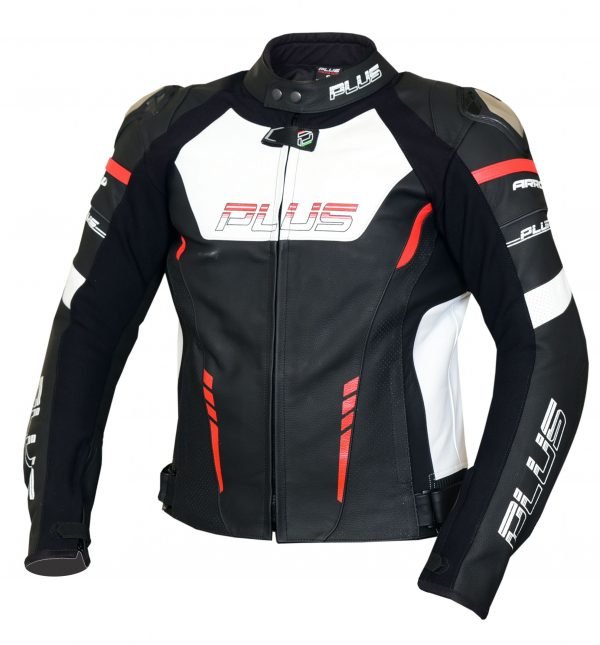PLUS RACING ARROW motoros sport bőrdzseki fekete piros elölnézet