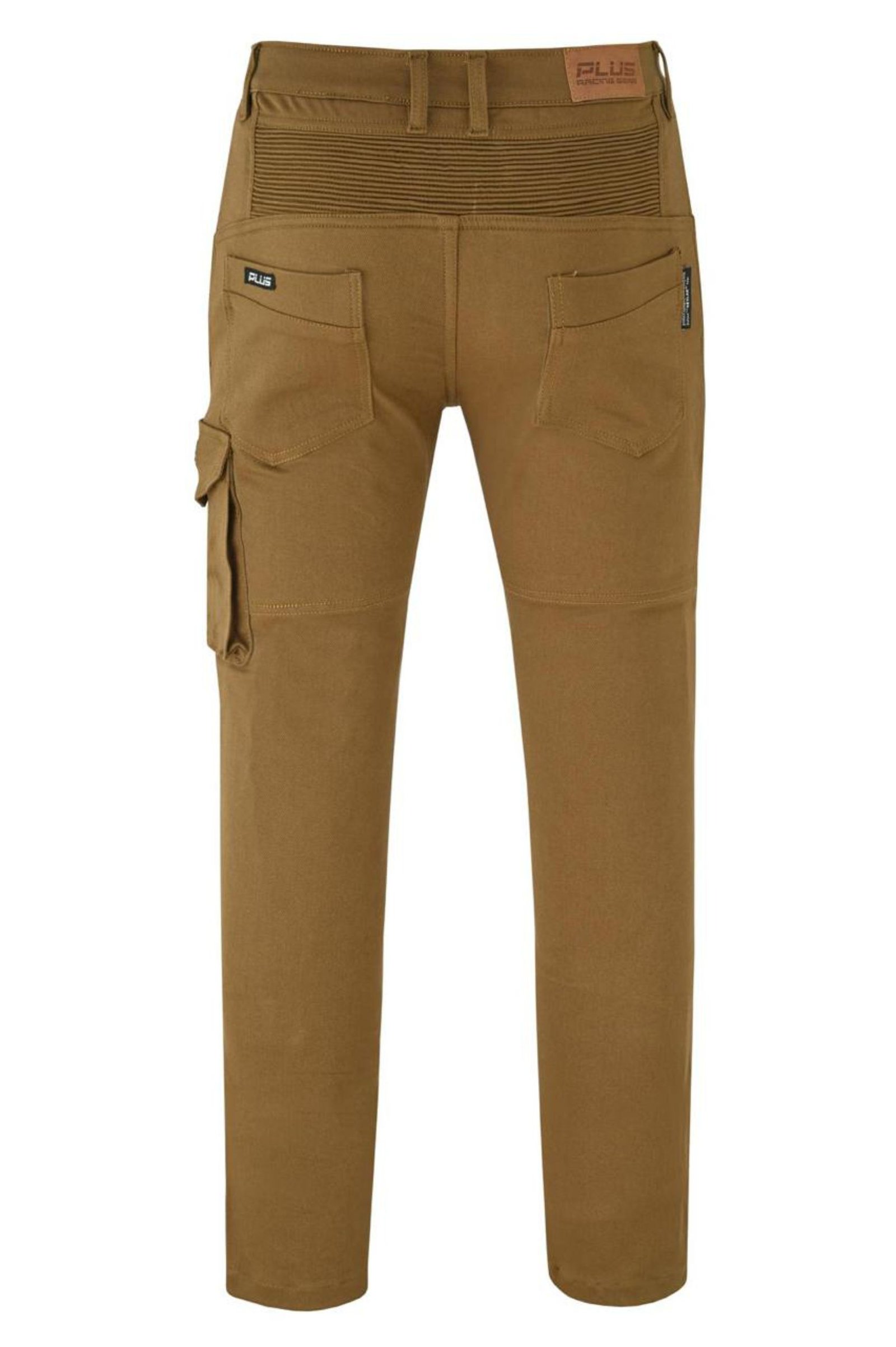 PLUS TUNDRA homokbarna motoros kevlár farmer CE Level 2 protektorral hátulnézet stretch panel kialakítással